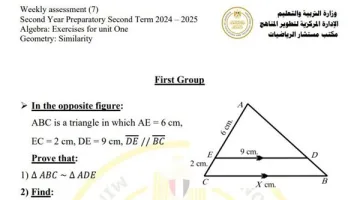 أسئلة تقييم الأسبوع السابع في مادة الرياضيات لغات للصف الثاني الإعدادي الفصل الدراسي الأول